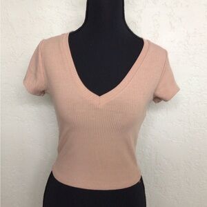 Full Tilt V-Neck Ribbed Crop Top - Light Brown